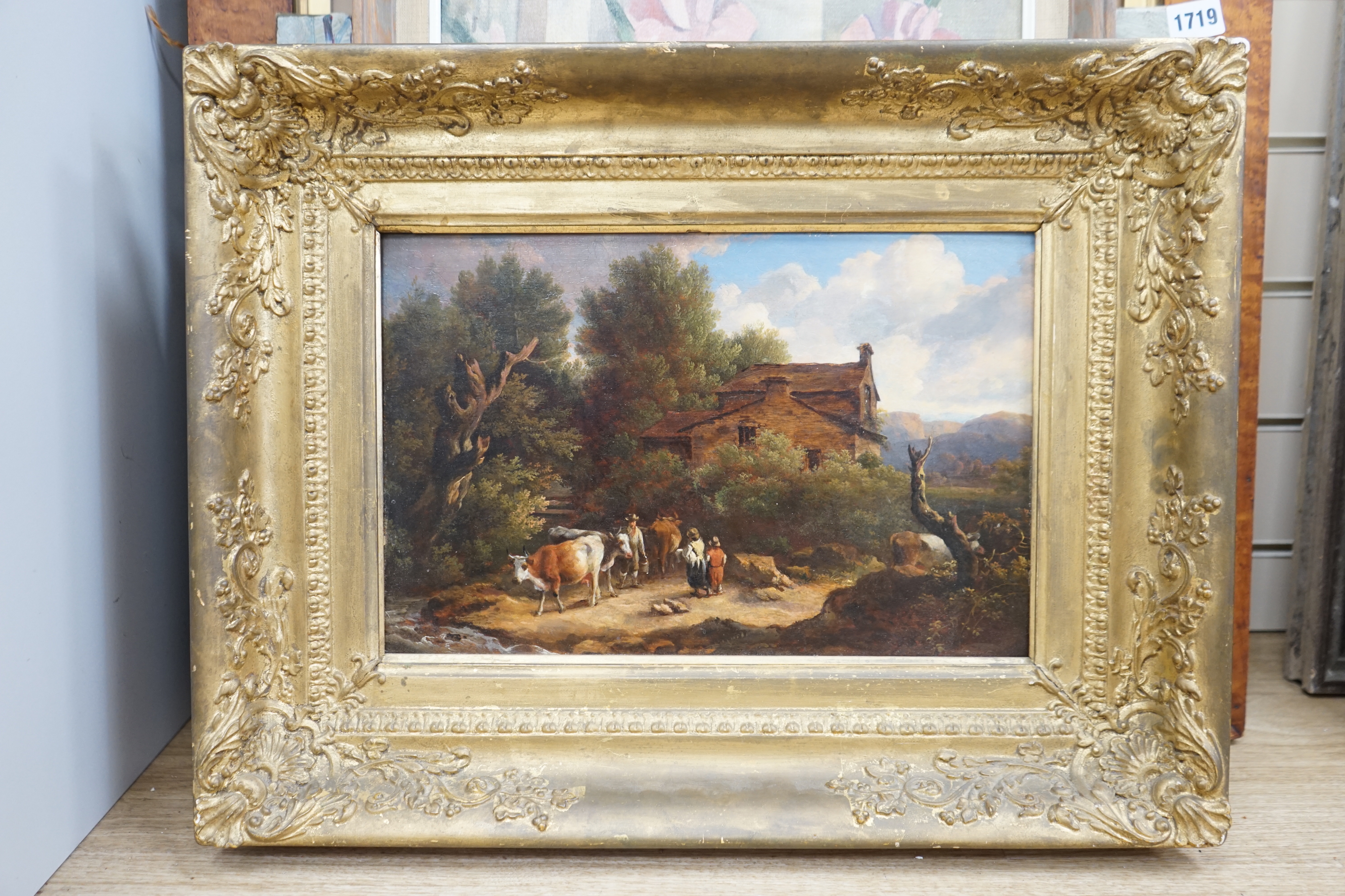 19th century English School, oil on board, Pastoral scene of figures and cattle before a cottage, 37 x 24cm, ornate gilt frame